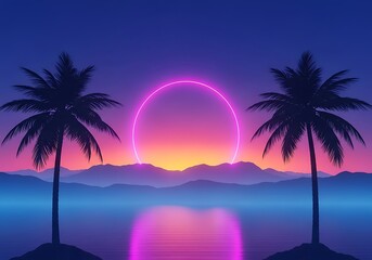 Retro neon sunset over tropical ocean with palm trees