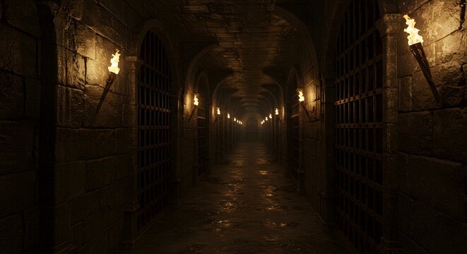 Eerie ancient stone dungeon corridor lit by flickering torches with barred cells