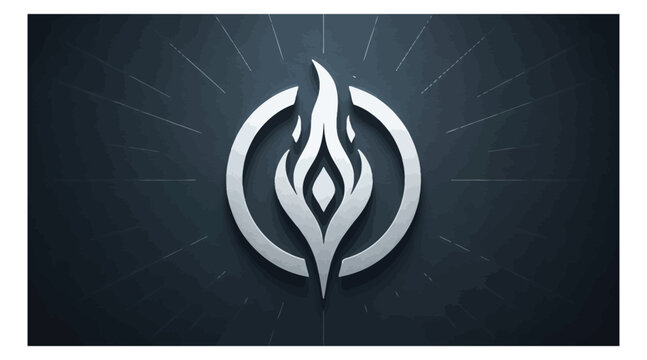 Vector art of a striking logo design showcasing a stylized flame encircled by a radiant halo, presented in a metallic silver finish against a dark backdrop, conveying a sense of energy and innovation - Powered by Adobe