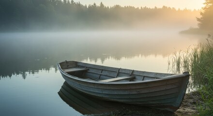 Obraz premium A small, wooden boat rests serenely on a calm lake's edge, enveloped in soft morning mist under a hazy, golden sunrise