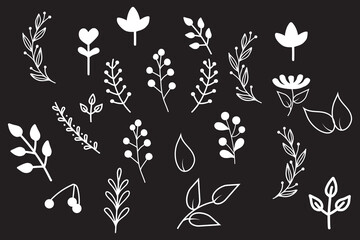 set of hand drawn Flower brush icon. flower leaf, floral, tattoo element ornament paint art brush icon set.  Vector illustration