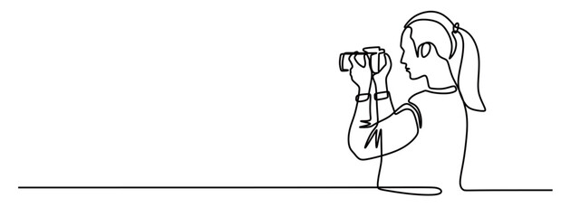 continuous line art of a young woman who works as a photographer taking pictures of something with a camera.