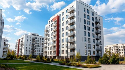 Modern Apartment Buildings Surrounded by Greenery and Blue Sky