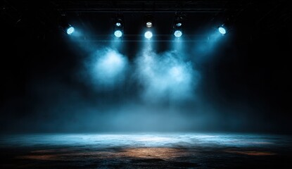 Empty stage with bright overhead spotlights illuminating a dark performance area for theatrical or concert events