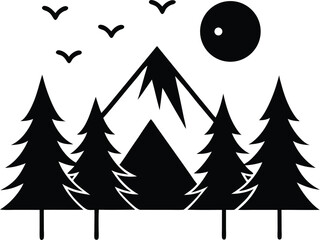 Obraz premium Stylized black and white landscape with mountains trees birds and sun