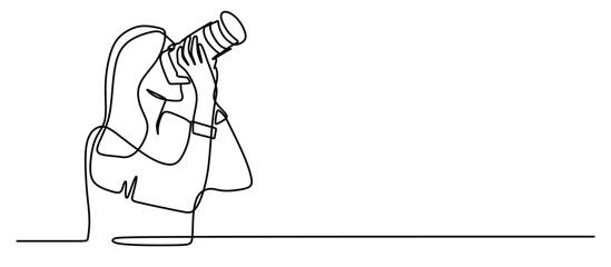 continuous line art of a young woman who works as a photographer taking pictures of something with a camera.