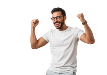 Excited man cheering with raised fists isolated on transparent background