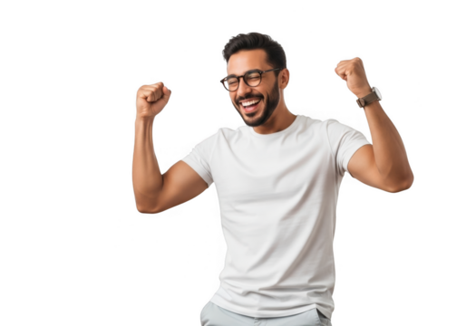 Excited man cheering with raised fists isolated on transparent background