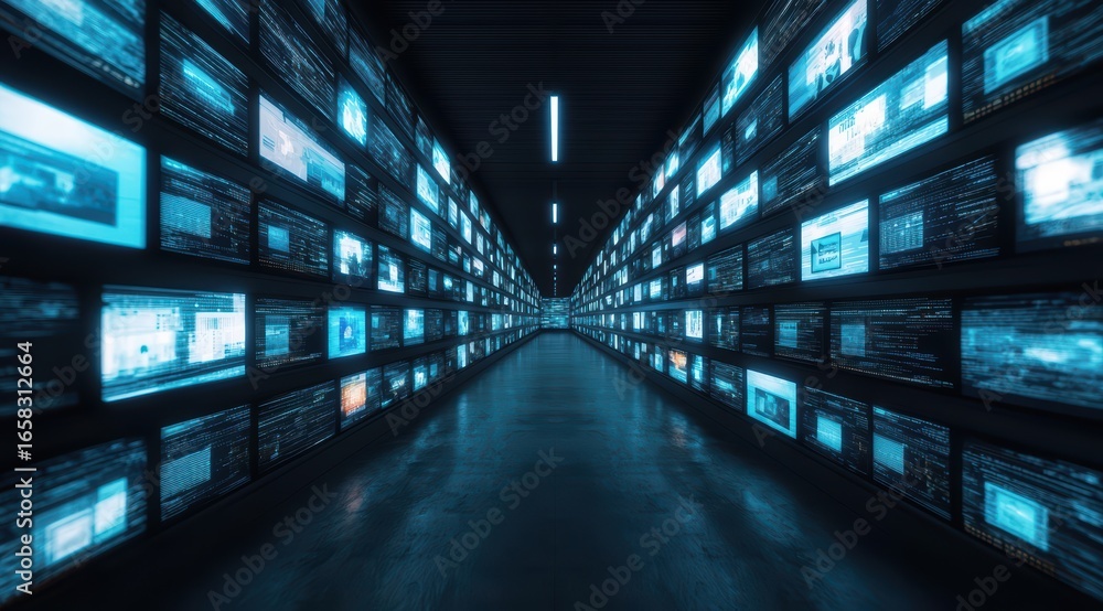 Poster futuristic corridor with screens displaying data and information