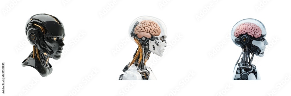Poster advanced humanoid robot heads showcasing intricate mechanical and biological features