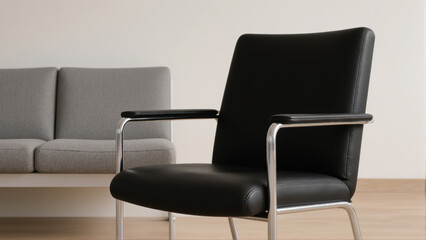 Modern armchair and sofa in minimalist interior. Stylish furniture for living room design.