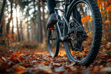 Fototapeta premium Autumn Ride: A cyclist glides along a leaf-strewn trail amidst a vibrant autumn forest, capturing the essence of adventure and natural beauty.