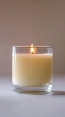 A lit candle in a glass holder, creating calm ambiance.
