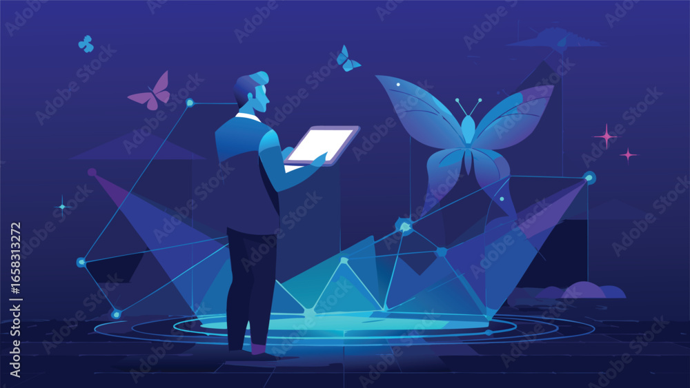 Aufkleber man presenting a tablet that shows a butterfly and a cloud, surrounded by a colorful backdrop..eps