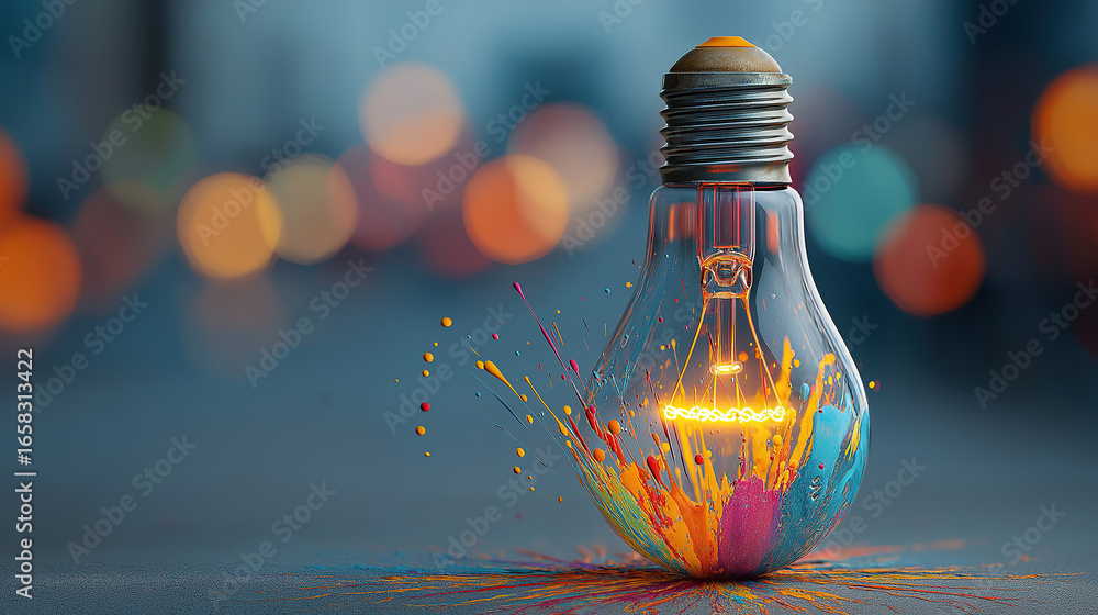 Poster glowing lightbulb with colorful light splashes and stock market graph lines symbolizing creativity