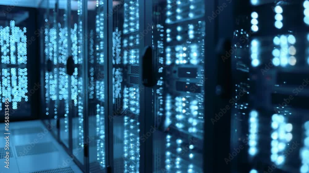 Poster data servers in illuminated server room for processing information.