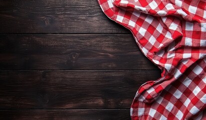 Fototapeta premium Red and White Checkered Tablecloth on Dark Wooden Table Surface
