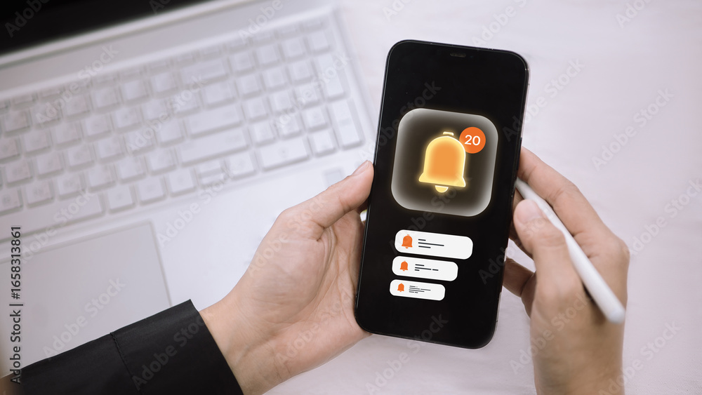 Poster mobile notification alert with app interface and message updates