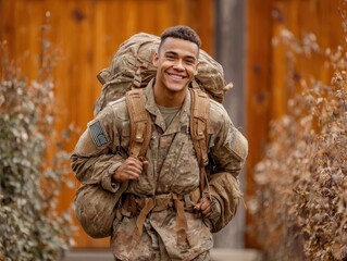 Obraz premium Happy young soldier returning home from the army