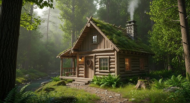 Idyllic log cabin by a stream in a vibrant green forest with a wreath on the door woods nature