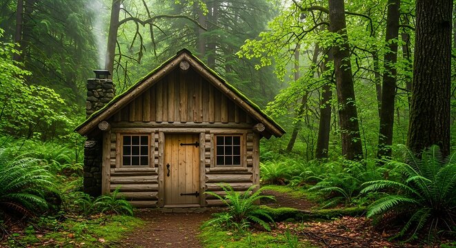 Rustic log cabin surrounded by dense green forest and ferns on a misty day woods nature