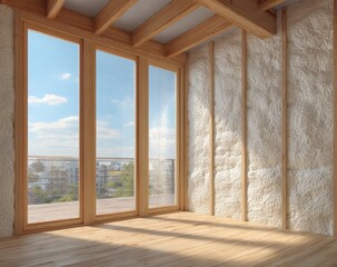 Empty unfinished room with large floor-to-ceiling revealing a bright outdoor landscape and exposed wooden beams on the ceiling