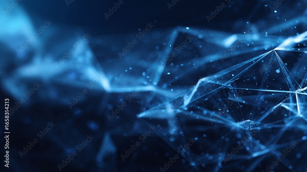 Poster blue geometric abstract technology background with glowing digital shapes, futuristic circuit lines,