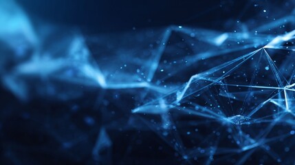 Blue geometric abstract technology background with glowing digital shapes, futuristic circuit lines, modern data network connections, innovation concept design for artificial intelligence and communic