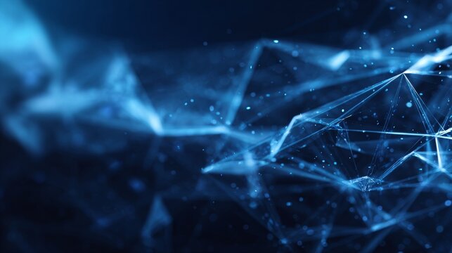 Blue geometric abstract technology background with glowing digital shapes, futuristic circuit lines, modern data network connections, innovation concept design for artificial intelligence and communic