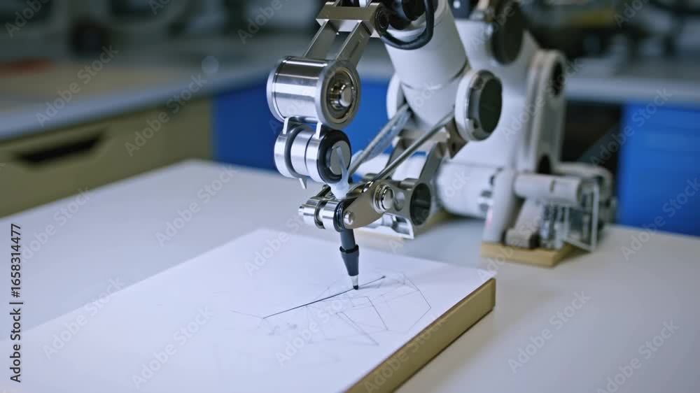 Aufkleber advanced robotic arm precisely draws lines on a piece of paper placed on a table, showcasing its dex