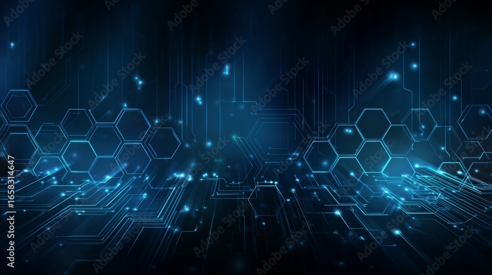 Poster abstract blue technology background with glowing digital circuit lines and hexagonal shapes, futuris