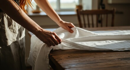 A woman's hand spreading a tablecloth on an indoor table