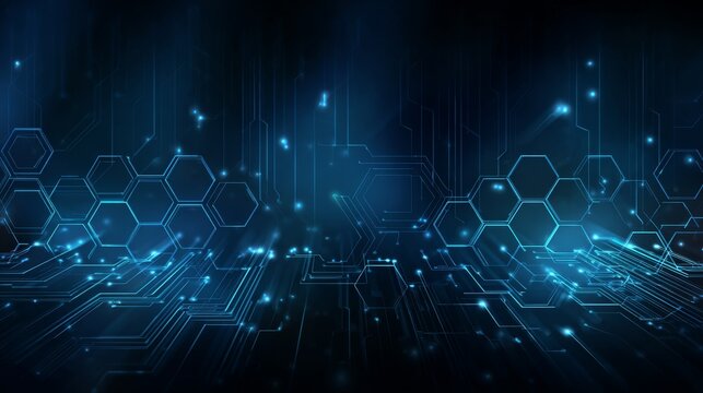 Abstract blue technology background with glowing digital circuit lines and hexagonal shapes, futuristic high-tech vector design for innovation, data communication, and modern network concept