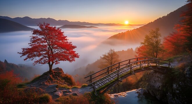 Vibrant red maple tree overlooks misty valley and wooden bridge at sunrise autumn fall