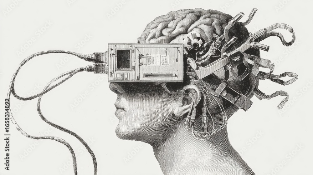 Aufkleber futuristic human brain seamlessly integrated with glowing digital circuits and neural network techno