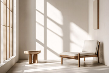 Minimalist Interior with Lounge Chair, Wooden Side Table, and Soft Sunlight Casting Window Shadows on White Wall
