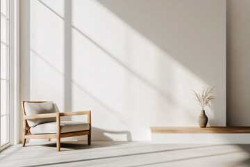 Modern Minimalist Interior with Wooden Armchair, Dried Grass in Vase, and Sunlight Casting Shadows on Neutral Wall
