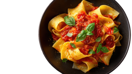 Pasta dish, pappardelle with tomato sauce, dark bowl