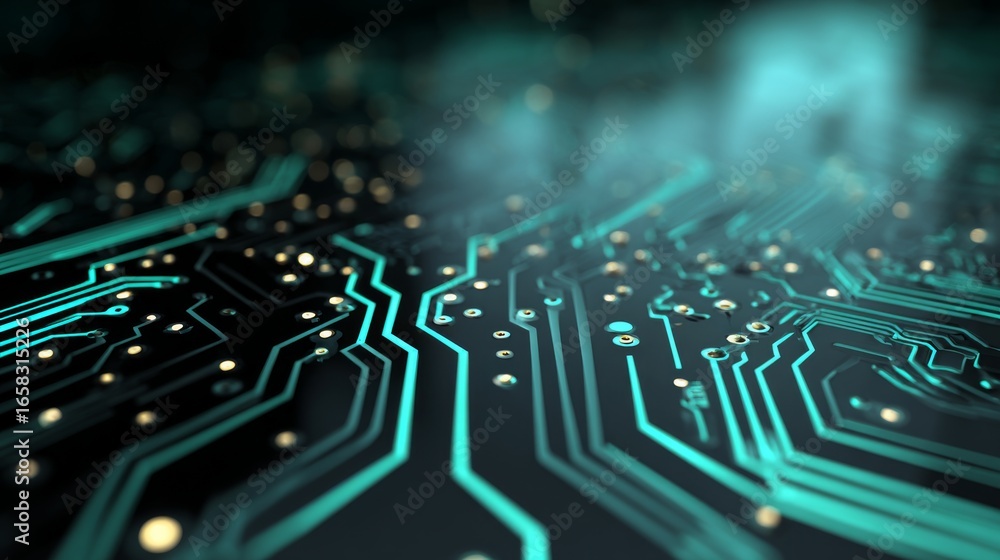 Poster futuristic blue digital circuit board background with glowing electronic connections and modern tech