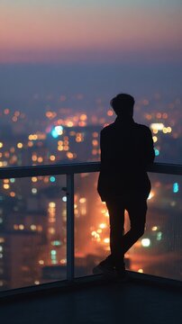 A person standing on a balcony overlooking a city