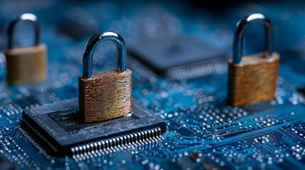 Cybersecurity concept with digital padlocks on blue integrated circuit board representing data protection, privacy, and secure information technology