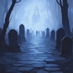 Eerie Graveyard Path at Dusk with Silhouettes and Misty Atmosphere