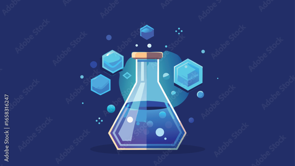 Poster chemistry concept featuring a flask surrounded by various chemical symbols and formulas on a light b