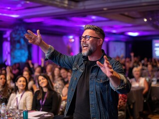 Motivational speaker engaging with an audience in a lively conference setting