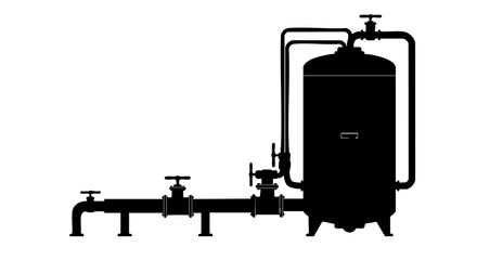 Naklejka premium Silhouette of an industrial filter, pipes, and valves.