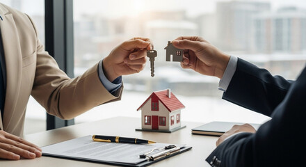 Real estate agent handing over house keys for new home purchase property investment and ownership deal concept