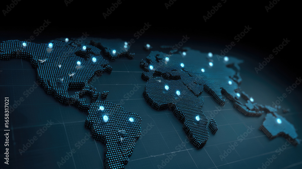 Poster digital world map with glowing points, representing global network, technology, and data connectivit
