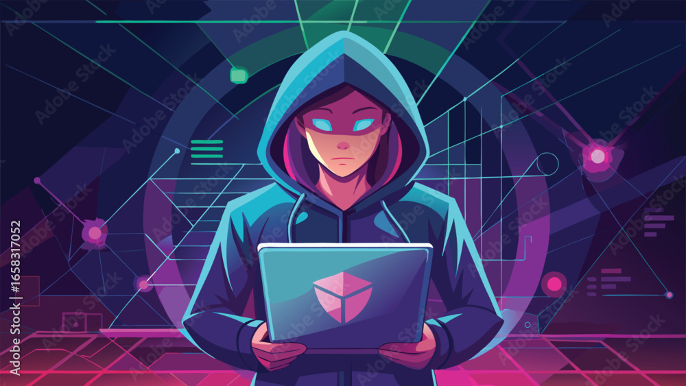 Poster illustration depicting a cyber security concept with digital locks and network connections symbolizi