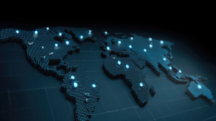 Digital world map with glowing points, representing global network, technology, and data connectivity across continents
