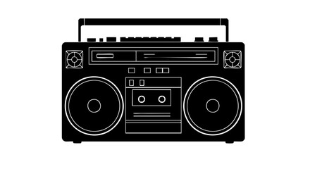 Vintage boombox silhouette in black and white, perfect for music lovers and retro enthusiasts.